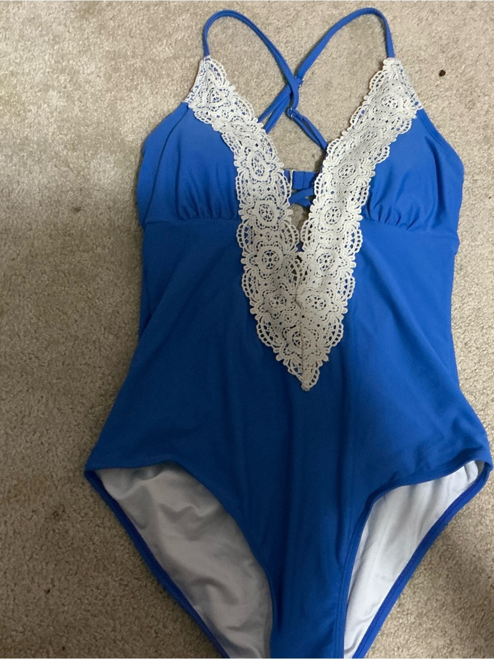 Cupshe Royal Blue One-Piece Swimsuit with White Lace V-Neck